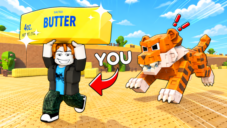 A character carries a large butter collectible while a tiger chases them in Steal An ASMR